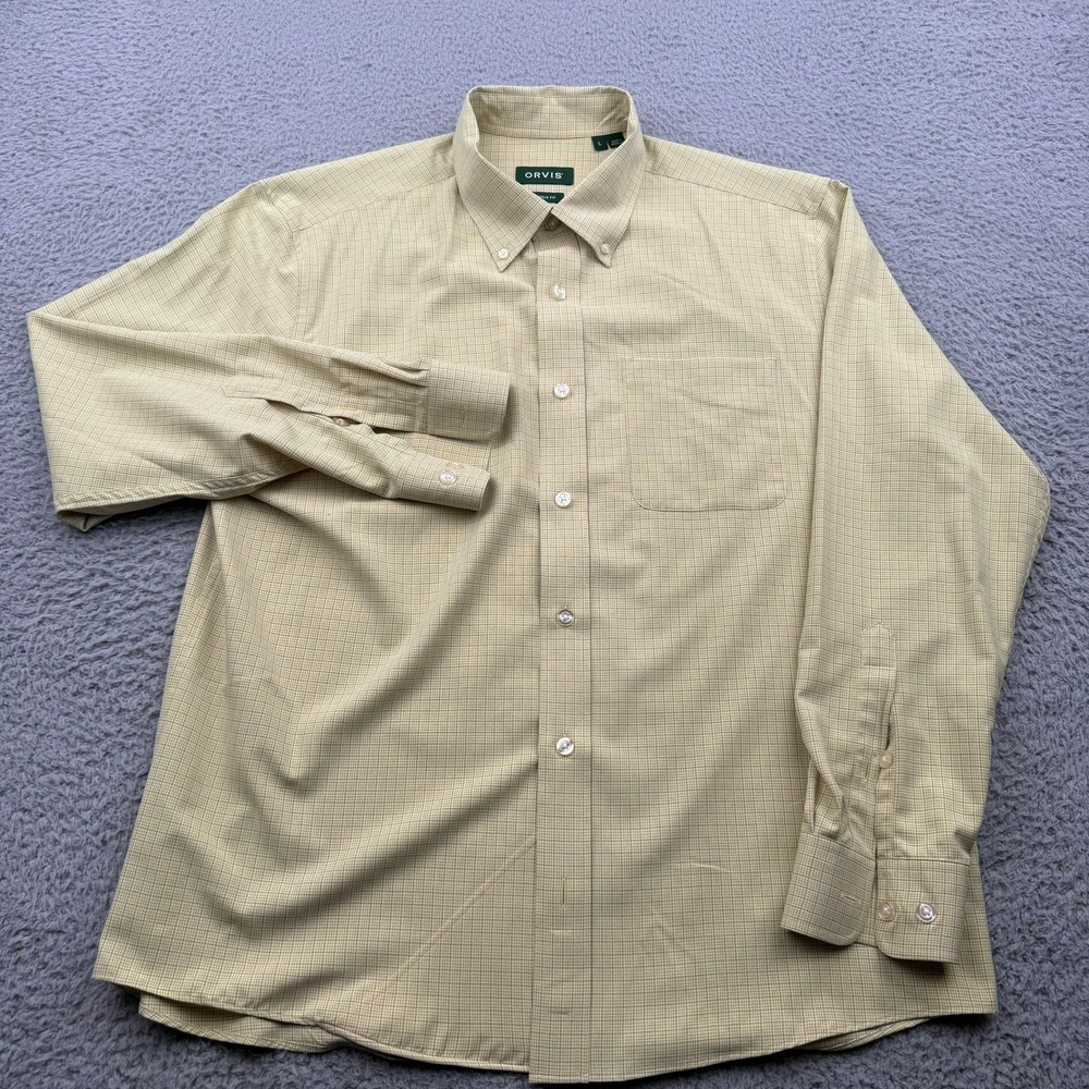 Orvis Button Down Shirt Mens L Yellow Check UltraLight Active Fit Performance